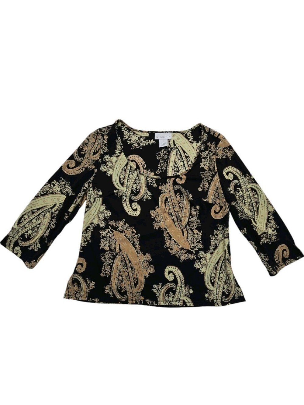 Y2K Black Pursuits Blouse Top Large Pale Yellow Cream Tan Paisley L 3/4 Sleeves